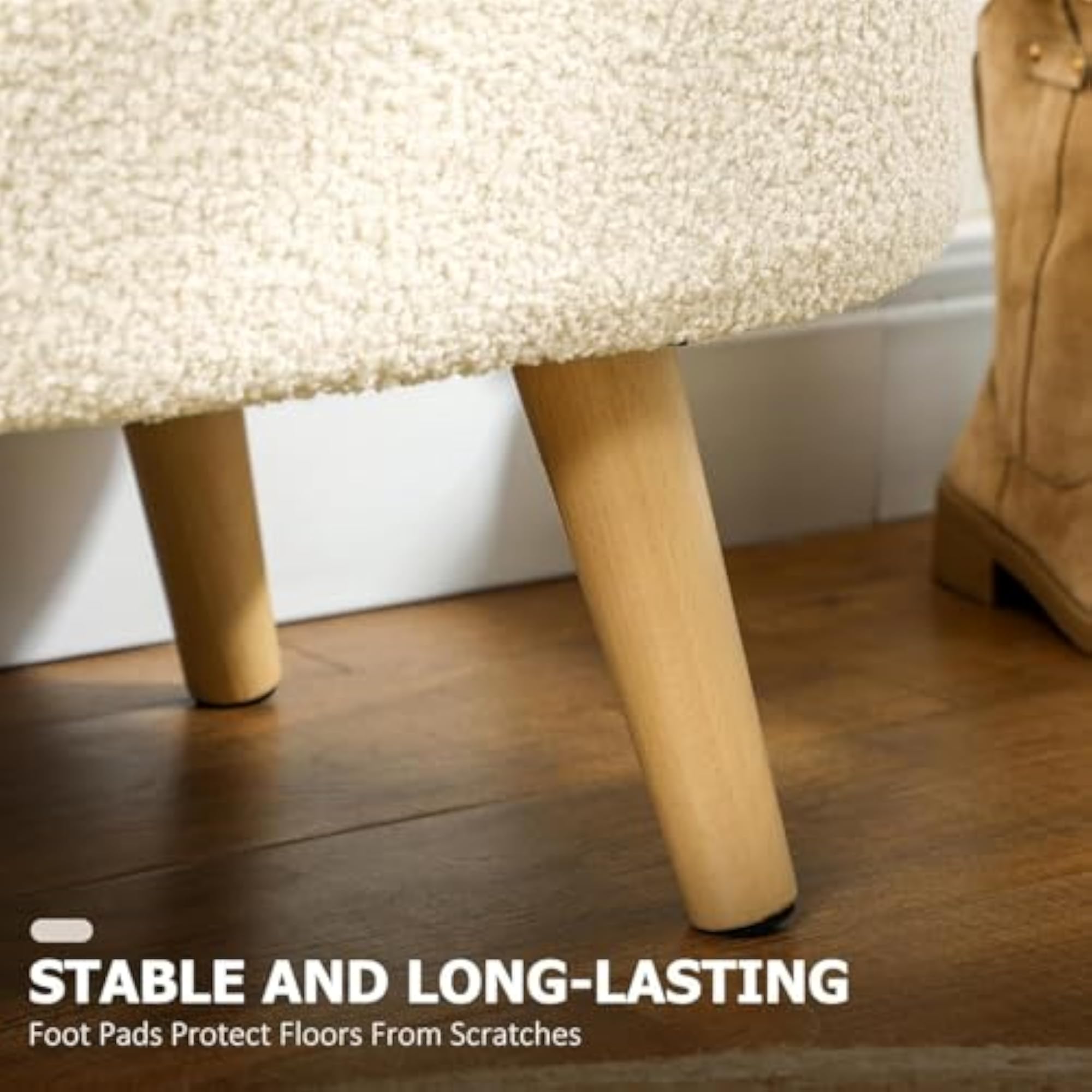 Premium Boucle Fabric Upholstered Storage Bench, Beige