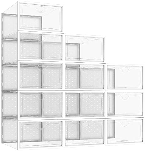 Pinkpum Shoe Ogranizer for Closet, 12 Pack Shoe Storage Boxes Clear Plastic Stackable Shoe Box, Shoe Containers Storage with Lids, Sneaker Container Bin Holder, Clear White
