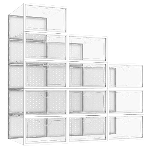 Pinkpum Shoe Ogranizer For Closet, 12 Pack Shoe Storage Boxes Clear Plastic Stackable Shoe Box, Shoe Containers Storage With Lids, Sneaker Container Bin Holder, Clear White #TOP9