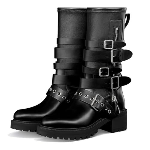Goolita Buckle Strap Biker Boots Women Square Toe Chunky Heel Stretch Moto Mid Calf Boots Zipper Motorcycle Riding Boot