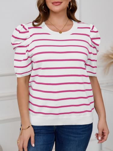 Image of Beautife Womens Plus Size Short Puff Sleeve Sweater Tops Lightweight Striped T Shirts Summer Casual Crew Neck Knit Pullover Pink