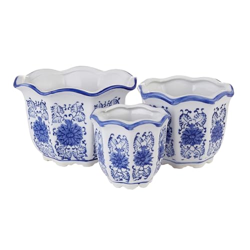 HakkaGirl Ceramic Pots for Plants Chinoiserie Dcor Ceramic Flower Pots Planters for Indoor Plants with Drainage Blue and White Set of 3