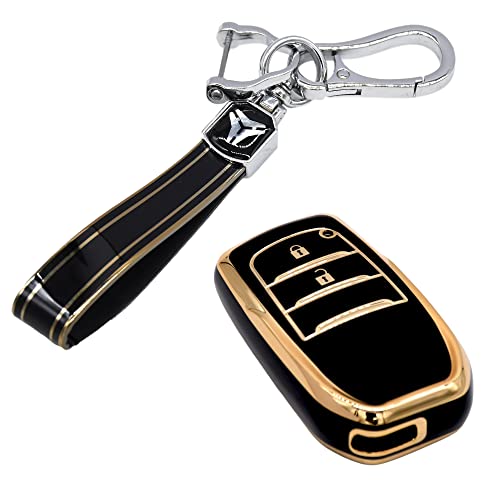 Image of KMH TPU Gold Car Smart Key Cover Compatible for Toyota Innova Crysta 2 Push Button Smart Flip Key Shell Case Holder, Full Key Protection (Black Gold & Red Gold) Pack of 2