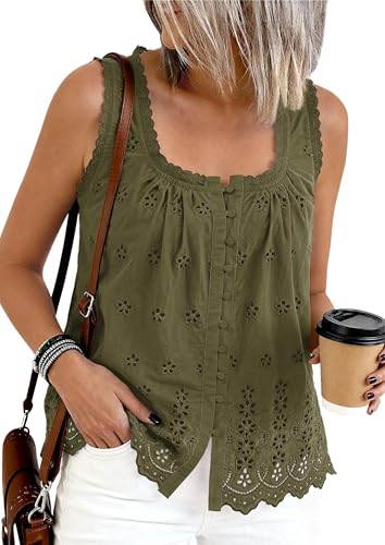 PRETTYGARDEN Women's Lace Tank Top Embroidery Eyelet Blouses,Army Green,XXL