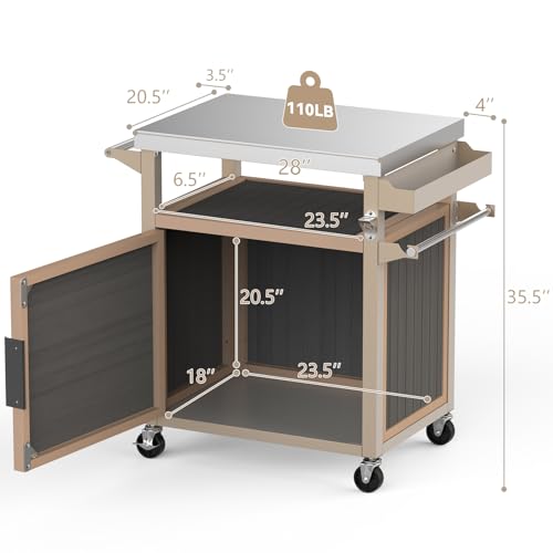 Skyflame Outdoor Grill Cart with Storage on Wheels, Rolling Kitchen Island with Stainless Steel Table Top, Multifunctional BBQ Food Prep Table with Magnetic Single Door for Patio Backyard Garden Deck
