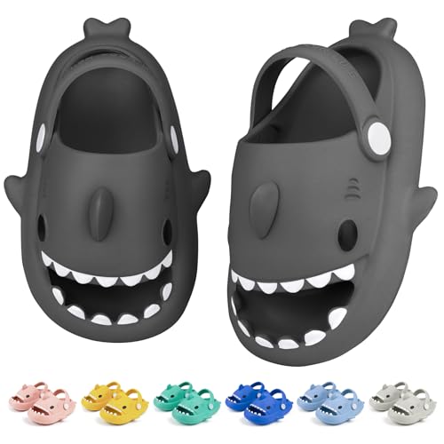 LAKIGE Toddler Shark Cloud Slides | Kids Shower Sandals | Boys Girls Cute Cartoon Fish Flip Flops | Beach Pool Home Slippers Shoes | Quick Dry Non-Slip, Strap - Dark Grey, 3-4 Big Kid