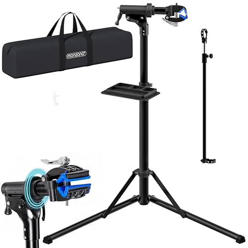 MONZANA® Caballete para Bicicleta Eléctrica Soporte Reparación Montaje Plegable Giratorio Altura Ajustable Barra Sujeción Manillar Bandeja para Herramientas Acero Carga Máxima 50 Kg