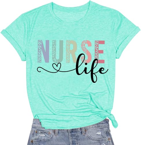 Image of Women Nurse Shirts Nursing Life Letter Short Sleeve Register Nurses Inspirational Tee