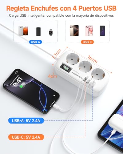 Regletas Enchufes con USB, Protección Sobretensión, 3 Tomas con Interruptor - Image 5