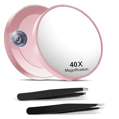 Nymora 40x Magnifying Mirror with 2 Suction Cups and Slant Tweezers, 3.5 Inches, Cosmetic Mirrors for Precise Makeup, Eyebrow Plucking & blackheads Romoving (Pink)