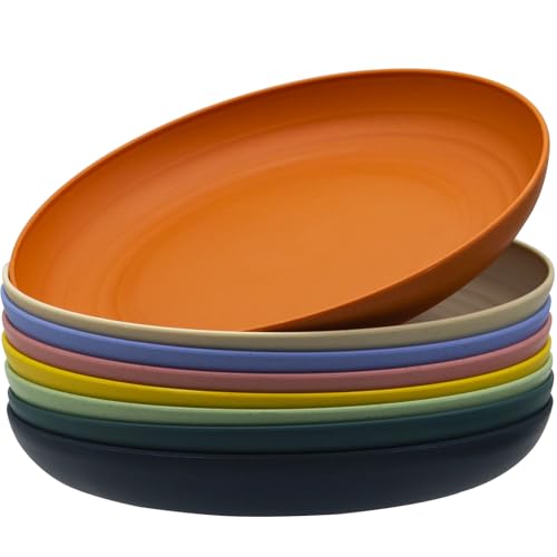 MKYHBOO Deep Dinner Plates Set, 10in Unbreakable Wheat Straw Plates, 8pcs Lightweight Dinner Dishes, Microwave and Dishwasher Safe Plate for Kitchen
