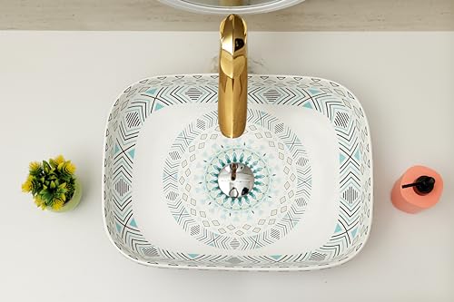 Image of Moroccan Design Ceramic Tabletop Wash Basin | Countertop Vessel Sink | Wash Basin over counter For Bathroom Hotel Home (18x13x5.5 Inch) (TORO 4014) (Moroccan Design 107)