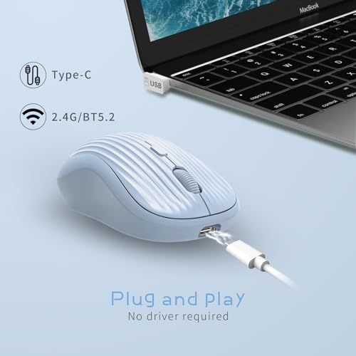 Image of ONE-UP Wireless Mouse, 2.4G + BT, Rechargeable Battery, 4-Key, DPI: 800 /1200 /1600, Silent, Type-C, USB Nano Receiver, Ergonomic, Portable, for Laptop, Chromebook, PC, Mac, Windows (Blue)