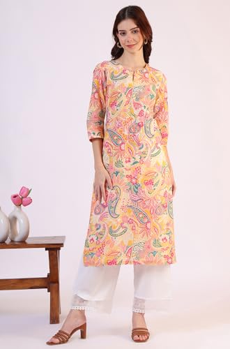 Image of W for Woman Pink Bold Geometric Printed Pure Cotton Straight Kurta