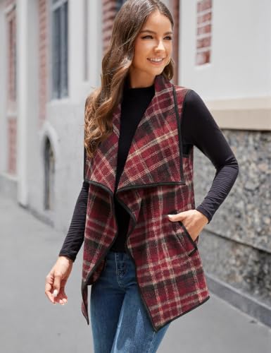 Image of YACUN Women Plaid Vest Lapel Open Front Sleeveless Cardigan