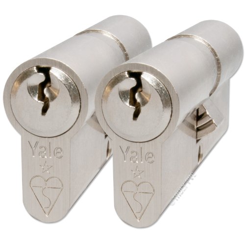 Yale Kitemarked Anti-Bump Pair of Keyed-Alike Euro Cylinders Nickel Plated 50/50 (100mm Overall) - High Security one Key fits Both Locks.