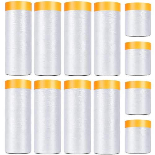 Image of 12 Pack Tape and Drape, 3 Sizes Pre-Taped Masking Film Plastic Sheeting Cover Roll, 65.6 Ft /Pack Automotive Painters Masking Tape Film for Furniture, Floor, Skirting