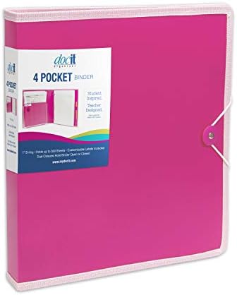 DocIt 4 Pocket Binder, Multi Pocket Folder and 1-inch 3 Ring Binder, Perfect for School, Office and Project Organization, Holds 300 Letter Size Papers, Pink (00939-PK)
