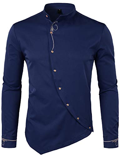 Opiniones y reviews de Aristos Camisas - solo los mejores. 46 ZEROYAA - Camisas de vestir de lujo con bordado dorado para hombre, de manga larga con botones, Zhcl51-azul marino, Large