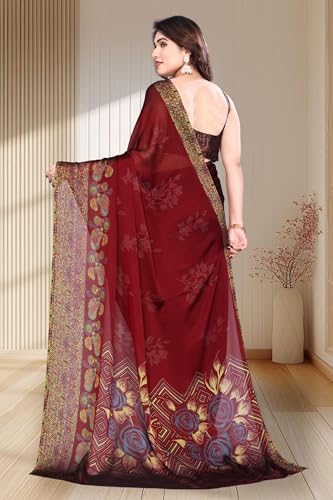Image of SUPERLAXMI Women's Chiffon Floral Printed Saree with Blouse Piece