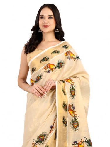 Image of Women's Kerala Tissue Plain Saree with Running Blouse| Onam & Vishu Kani Special | Traditional Kasavu White Colour
