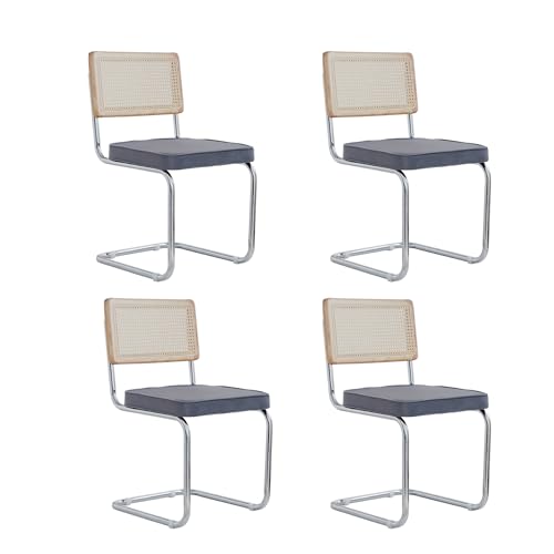 GrandCA HOME Pack de 4 Sillas de Comedor con Respaldo de Caña Natural y Base Cromada de Acero Inoxidable, Sillas de Cocina Tapizadas de Ratán,Gris