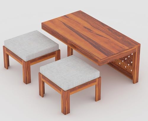 Sheesham Wood Center Coffee Table with 2 Stools for Living Room O...