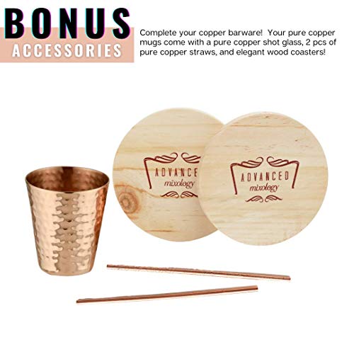 Advanced Mixology [Gift Set] Authentic Moscow Mule Mugs Set Of 2 (16Oz) | Solid Barrel 100% Copper Mugs Set W/ 2 Straws, 2 Wooden Coasters & 1 Shot Glass | Tarnish-Resistant Food Grade Lacquer Coat #TOP5