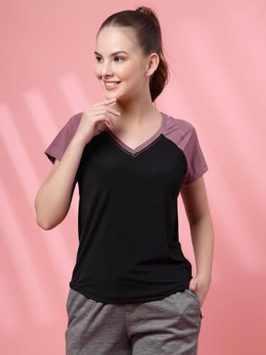 Image of UZARUS Women's V-Neck Regular Fit Gym T-Shirt | Soft Lightweight & Stretchable Fabric | Activewear Top for Workout Yoga Running Exercise Casual Wear