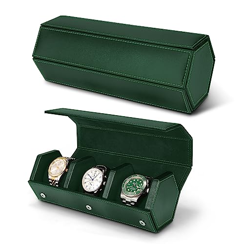 JQUEEN Watch Travel Roll, Three Green Microfiber Leather Portable Travel Watch Cases, Comfortable Suede, Removable Soft Watch Pillow, Birthday Gifts for Men or Women