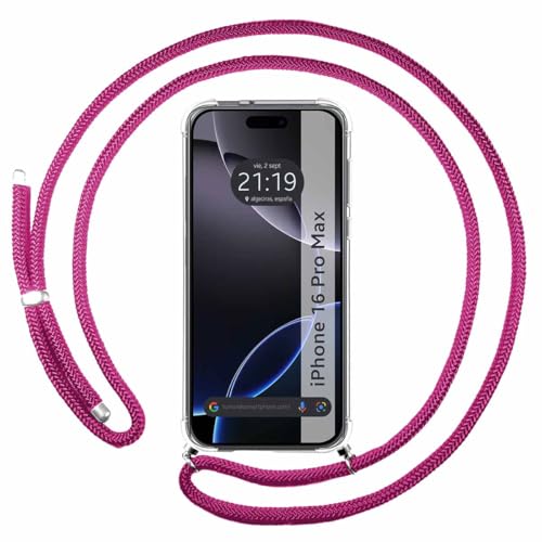 Tumundosmartphone Custodia A Sospensione Trasparente Per Iphone 16 Pro Max (6.9) Con Cordino Rosa Fucsia