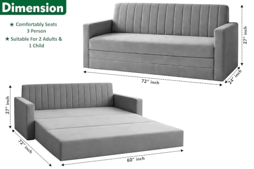 Image of Modern 3 Seater Sofa Cum Bed with Armrest, Velvet Fabric Couch for Living Room, Space Saving Foldable Sleeper Sofa, (Grey-Color)