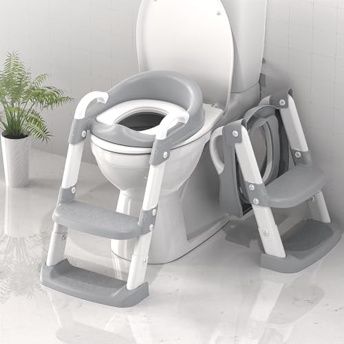 Image of Potty Training Toilet, Toddler Toilet Seat with Step Stool, Foldable Potty Chair for Kids Boys Girls, Potty Training Seat for Toilet with Handles, Anti-Slip, Height Adjustable (Gray)