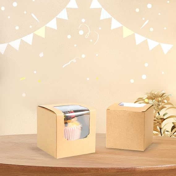 25 Pcs Single White Cupcakes Containers Gift Boxes with Window Inserts Handle for Wedding Candy Boxes (25P-Brown)