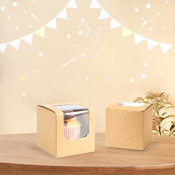 25 Pcs Single White Cupcakes Containers Gift Boxes with Window Inserts Handle for Wedding Candy Boxes (25P-Brown)