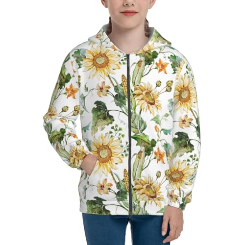 Watercolor Bright Sunflowers Kids Pullover Hoodies Boys Zip Up Sweatshirts Girls Athletic Clothes with Pocket3