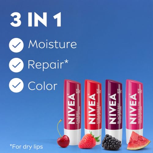 Image of NIVEA Lip Care, Fruity Cuties Lip Balm Variety Pack, 4 x 0.17 OZ | One Each: Cherry, Strawberry, Watermelon and Blackberry, Shea Butter Enriched, 3-in-1 Moisture, Tinted Lip Balms