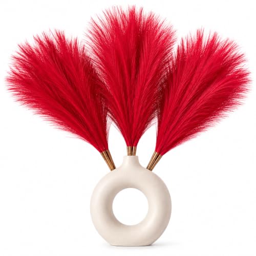 Image of Artificial Pampas Grass Set of 3 for Home Decor,Fluffy Dried Flower Stems for Vase Decoration, Boho Table Centerpiece, Artificial Flowers for Living Room Bedroom Office Decor (RED)