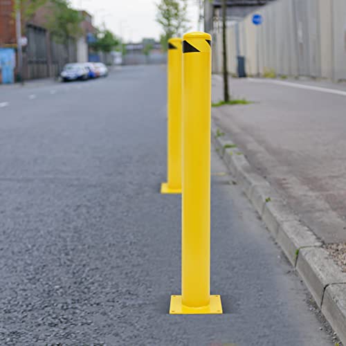 Safety Bollard Post Yellow Steel Bollards 42 Inch Height Steel Pipe Bollard 4.5 Inch Diameter Traffic Bollards Parking Barrier Post With 4 Anchor Bolts For Parking Roadside Park Traffic Area #TOP3