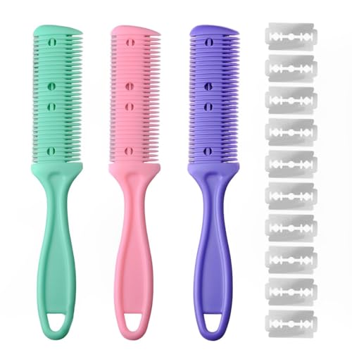 WeddHuis 3 PCS Peine para cortar el pelo peine de adelgazamiento herramienta de corte de pelo de doble cara con 10 cuchillas de repuesto para adultos niños corte de pelo en casa