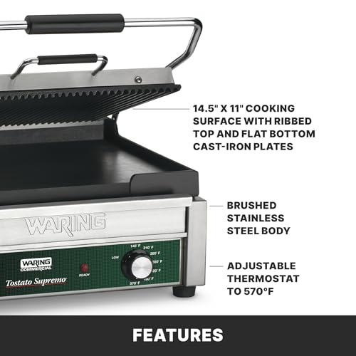 Waring Commercial WDG250 Tostato Supremo Ribbed Top Plate and Flat Bottom Plate Large Surface Panini Grill, 120 V, 1800W, 5-15 Phase Plug