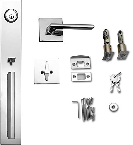 Berlin Modisch Full Escutcheon Handleset Front Door Entry Handle And Deadbolt Lock Set Slim Square Single Cylinder Deadbolt And Lever Heavy Duty – Polished Chrome Finish #TOP3