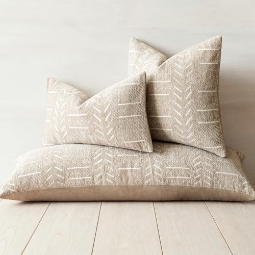 Image of Foindtower Set of 2 Decorative Chenille Jacquard Throw Pillow Covers Textured Farmhouse Vintage Cushion Covers Neutral Boho Accent Home Decor for Sofa Chair Couch Living Room,18x18 Inch,Natural Beige