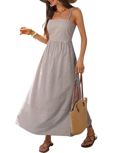 Image of Caracilia Womens Maxi Dresses Gingham Spaghetti Strap Back Smocked Flowy Long Sundress Summer Beach Vacation Clothes 2026