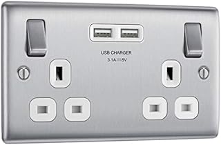 BG nbs22u3w Electrical Double Switched Fast Power Socket with Two USB Charging Ports, 13 Amp, Brushed Steel, Label 1