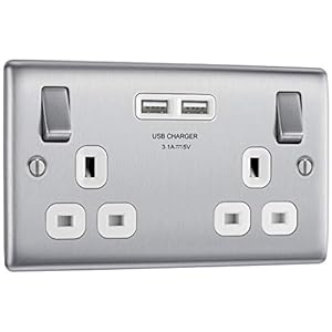BG nbs22u3w Electrical Double Switched Fast Power Socket with Two USB Charging Ports, 13 Amp, Brushed Steel, Label ‘1’