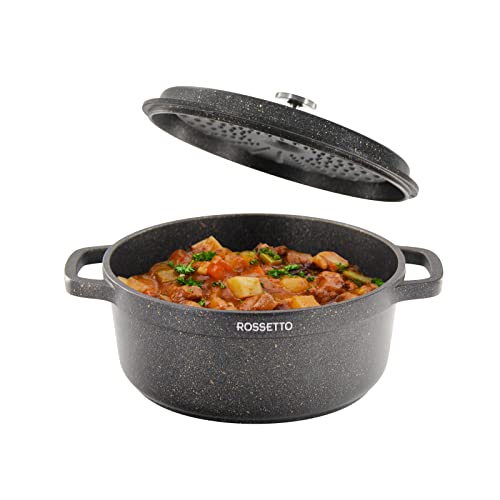 ROSSETTO 24cm Cocotte avec couvercle 4.5L, casserole ronde en aluminium, revêtement anti-adhésif, lavable au lave-vaisselle, convient à l'induction sur tous les types de cuisinières et de fours, Noir