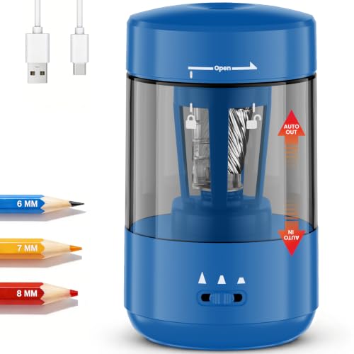 Prolixity Electric Pencil Sharpener for Classroom, Fully Automatic Pencil Sharpener for 6-8mm Pencils & Colored Pencils, Auto in & Out Type-C Rechargeable Pencil Sharpeners for Home, School, Dark Blue