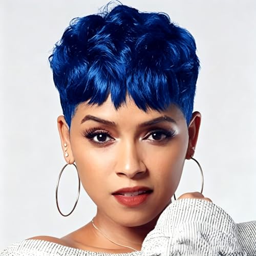 Nicelatus Short Pixie Cut Hair Wigs with Bangs Natural Synthetic Colorful Hair Wigs for Black Women 5 Colorful Available (Nicelatus -918blue)