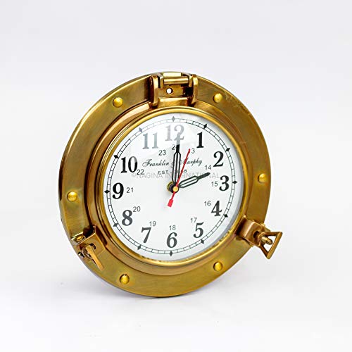 Nagina International 9" Antique Brass Premium Nautical Wall Decor Vintage Time's Clock | Pirate's Porthole Decorative Clock (Franklin & Murphy's Vintage Dial) #TOP7